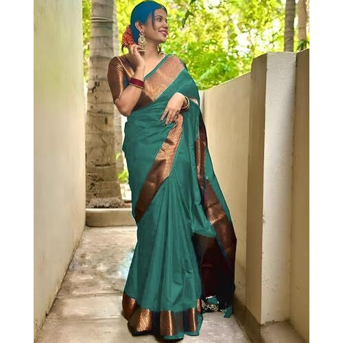 Yashika Women's Banarasi Kanjivaram Cotton Silk Woven Saree with Unstitched Blouse Material (AZ-YS-OG-SUSHANTI GREEN)