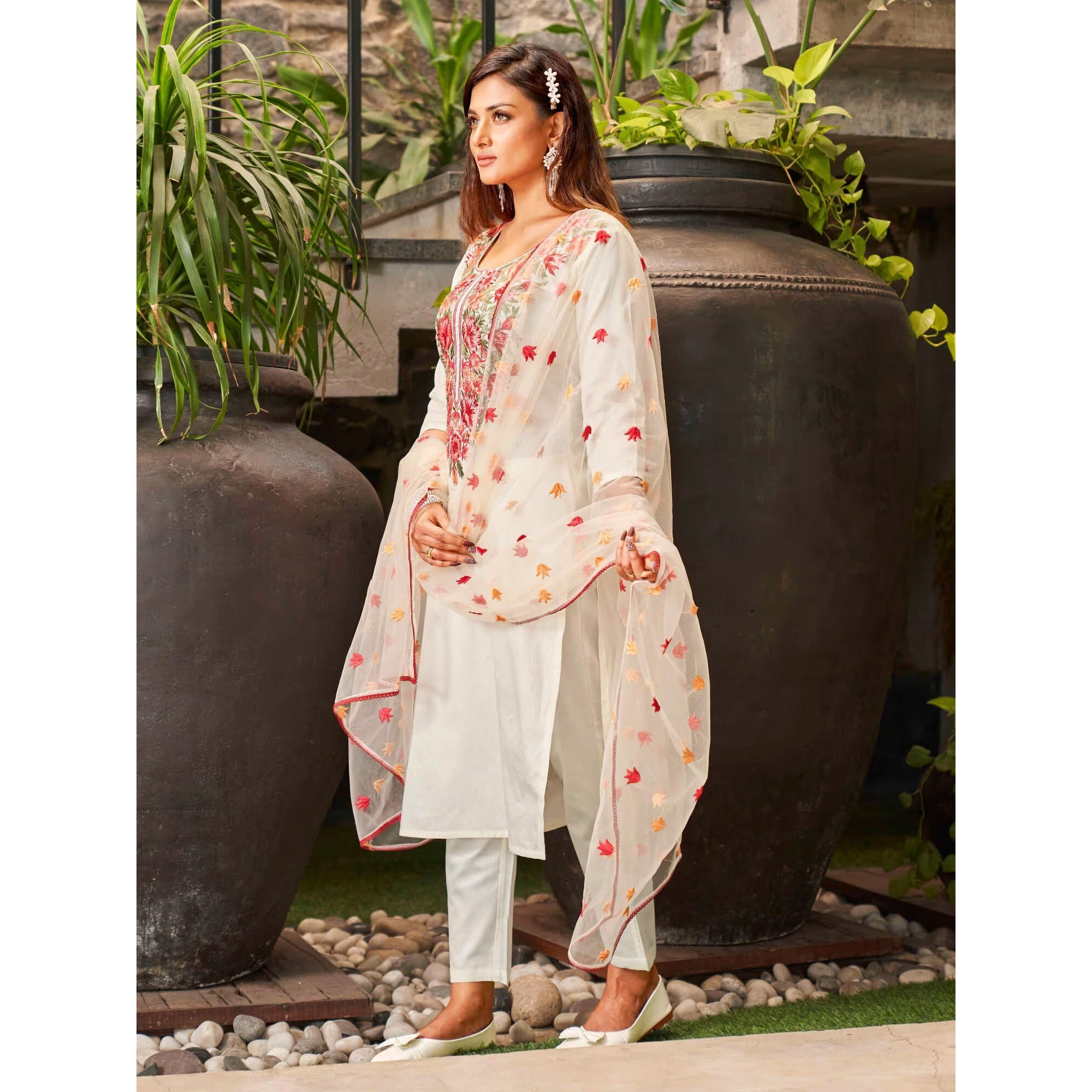 Yashika Women's Embroidered Cotton Kurta Set This Elegant Ensemble for Special & Casual Wear, Includes a Straight Kurta, Pants & Dupatta - a Perfect Blend of Style & Comfort (AZ-YS-OG-KS2103-XL)
