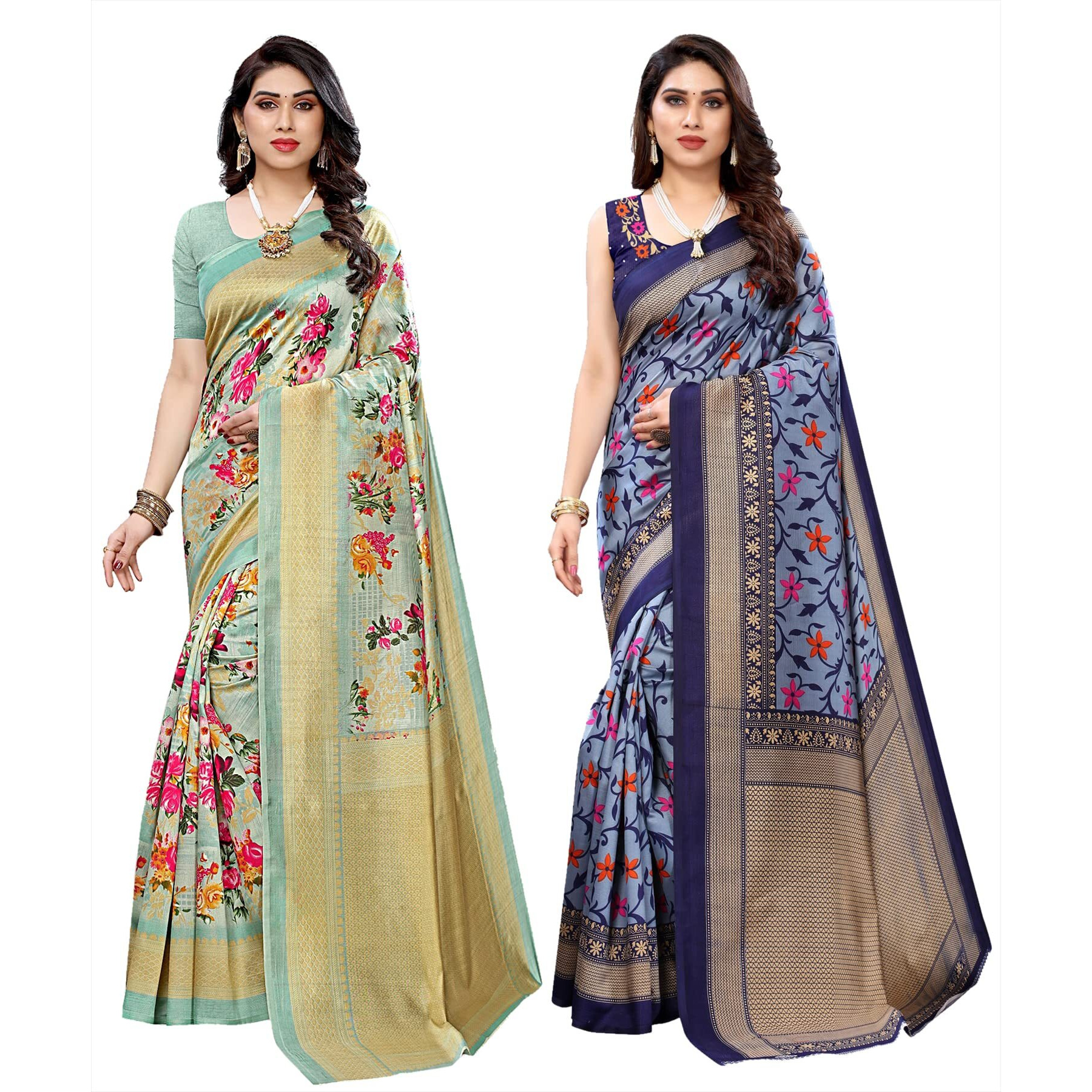 Yashika Women's Combo Art Silk Printed Saree With Blouse Piece Pack Of 2(AIR LIGHT GREEN-SWATI NAVY)