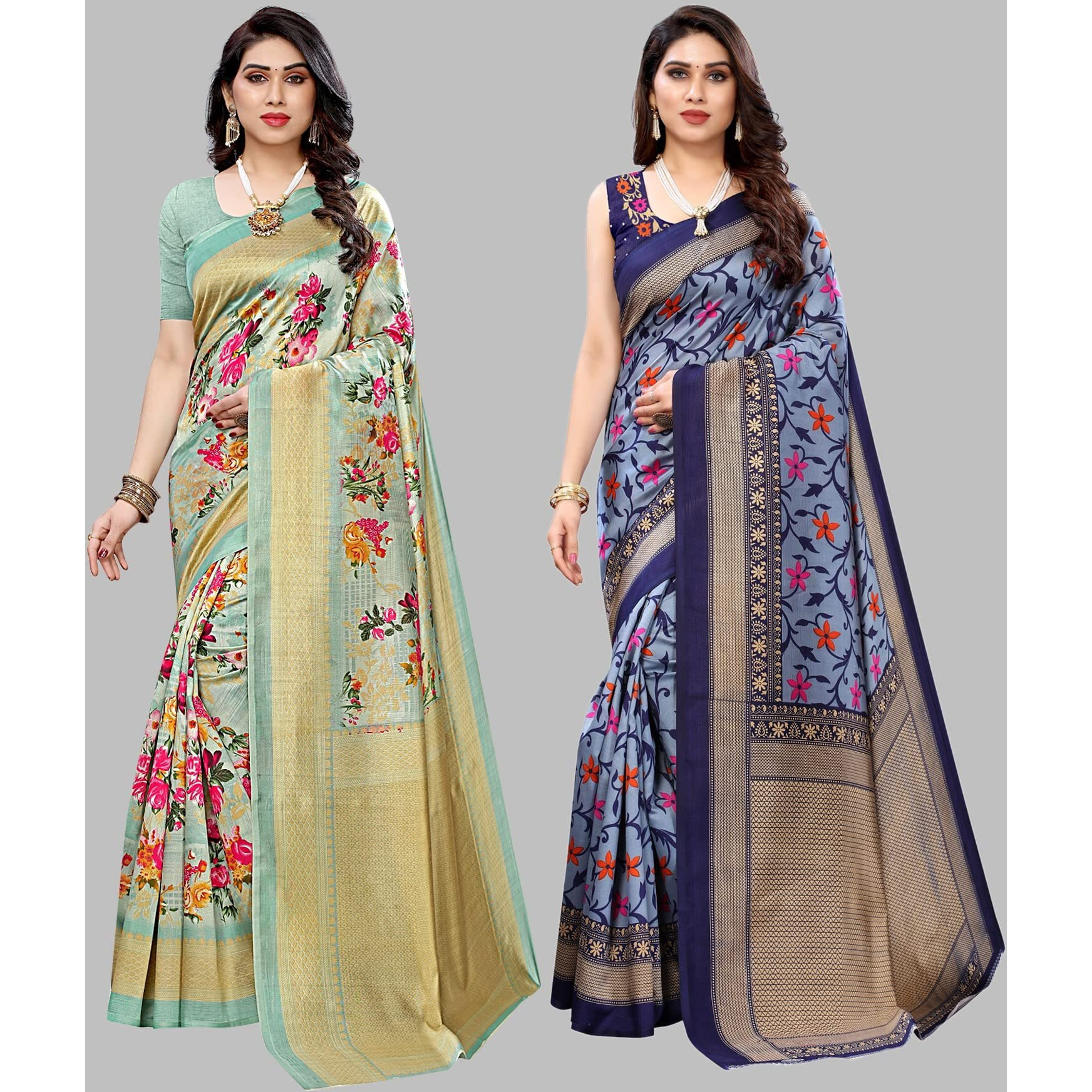 Yashika Women's Combo Art Silk Printed Saree With Blouse Piece Pack Of 2(AIR LIGHT GREEN-SWATI NAVY)