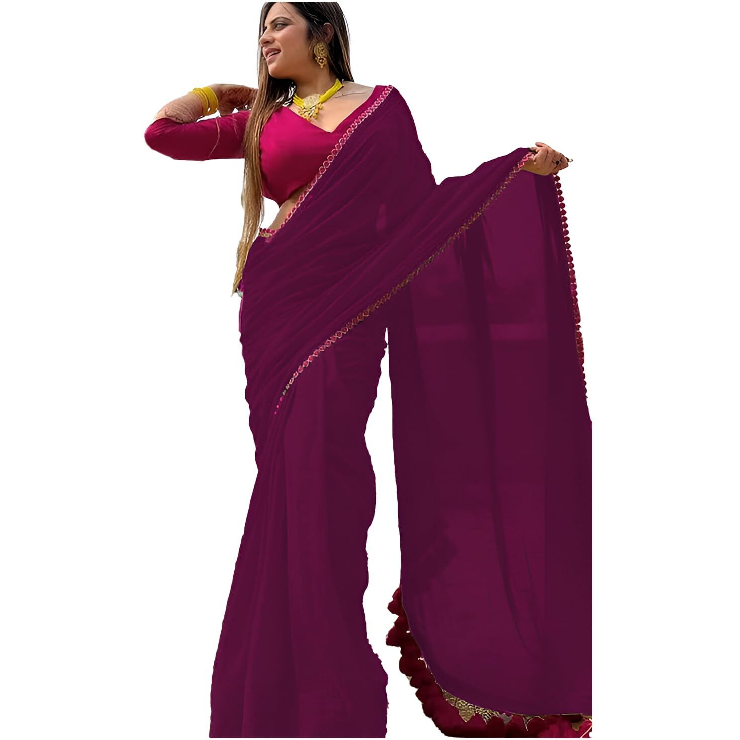 Yashika Women's Georgette Saree With Lace Border and Unstitched Blouse Material (AZ-YS-OG-NEEPA PURPLE)