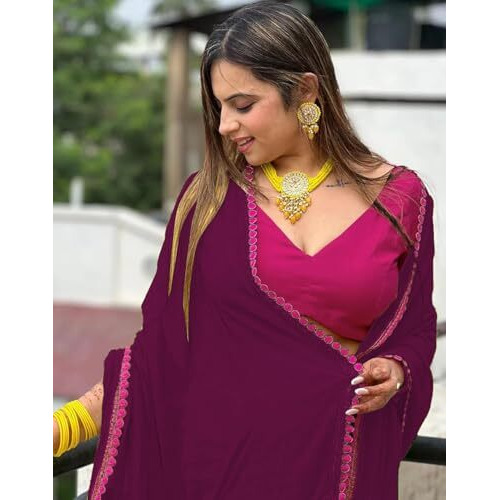 Yashika Women's Georgette Saree With Lace Border and Unstitched Blouse Material (AZ-YS-OG-NEEPA PURPLE)
