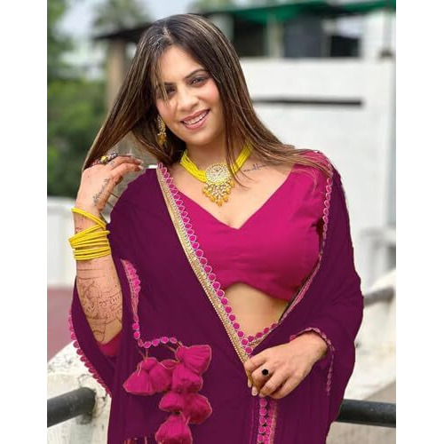 Yashika Women's Georgette Saree With Lace Border and Unstitched Blouse Material (AZ-YS-OG-NEEPA PURPLE)