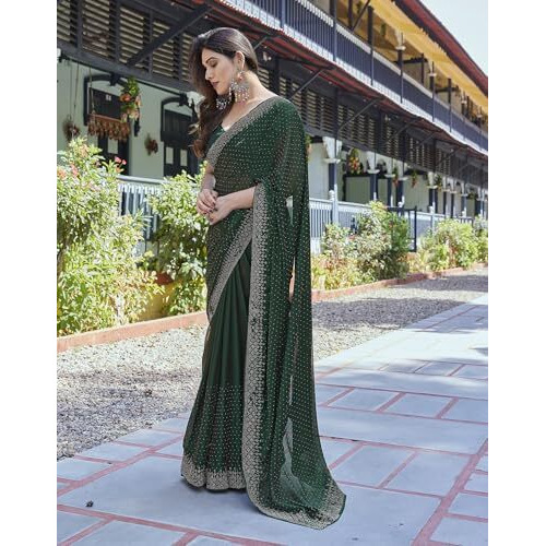 Yashika Women's latest Chiffon Saree With Lace and Blouse Material (AZ-YS-P1-SWARNA GREEN)