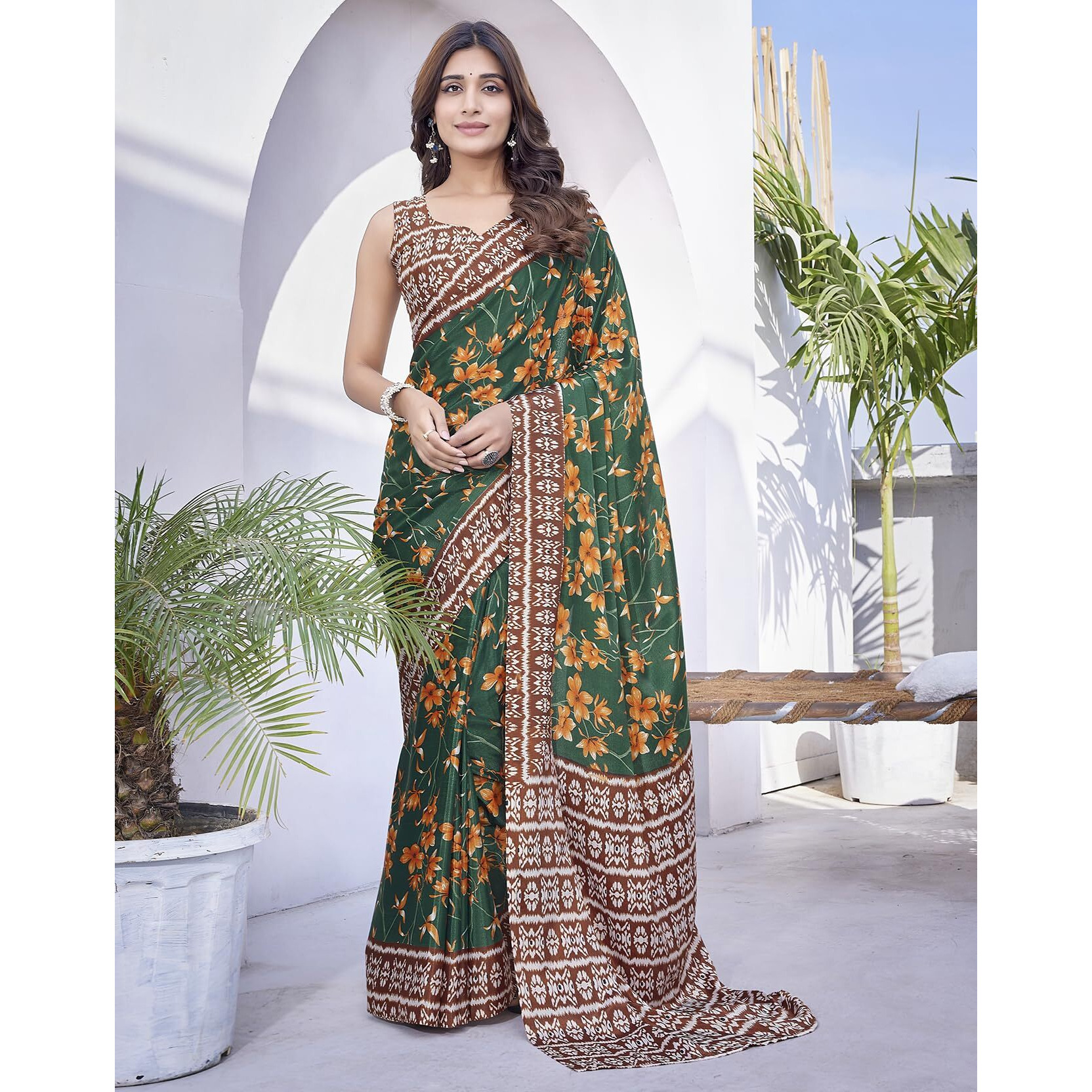 Yashika Women's Elegant Chiffon Saree Set with Blouse Piece Elevate your style with this chic chiffon saree ensemble. Perfect for trendsetting women (AZ-YS-P1-REENU GREEN)
