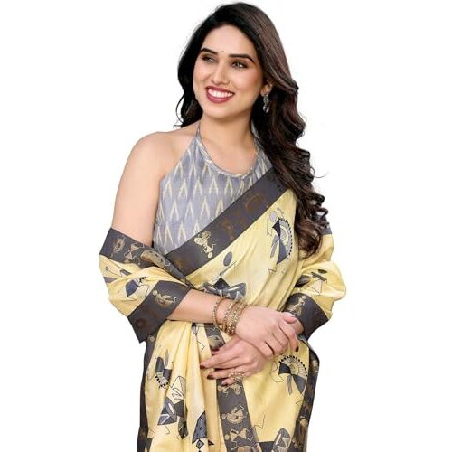 Yashika Women's Printed Kalamkari Art Silk Saree With Lace and Unstitched Blouse Material (AZ-YS-P3-DAMRU YELLOW LACE)