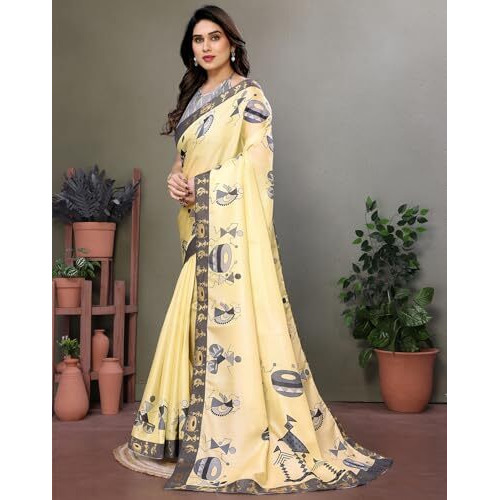 Yashika Women's Printed Kalamkari Art Silk Saree With Lace and Unstitched Blouse Material (AZ-YS-P3-DAMRU YELLOW LACE)