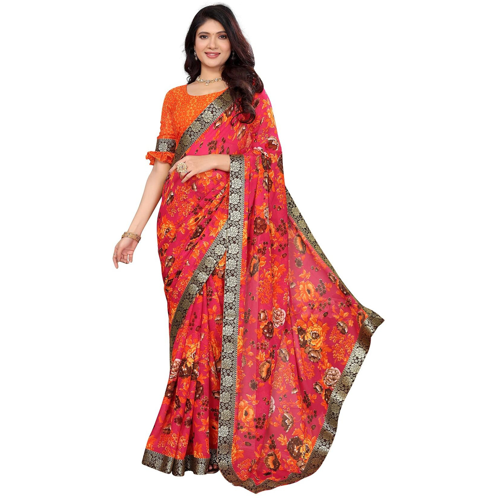 Yashika Women's Georgette Printed Saree With Blouse Material |saree for Women | saree collection 2025 | New Sari | Latest Saree (AZ-YS-P1-SANAM PINK LACE)