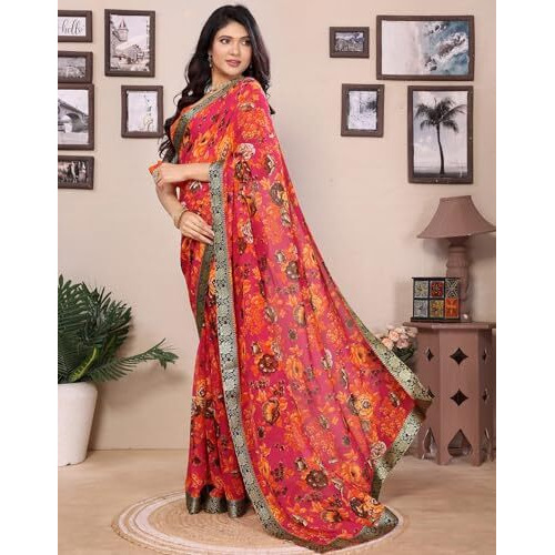 Yashika Women's Georgette Printed Saree With Blouse Material |saree for Women | saree collection 2025 | New Sari | Latest Saree (AZ-YS-P1-SANAM PINK LACE)