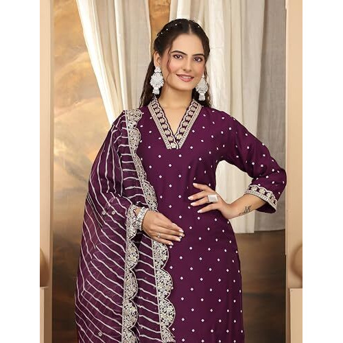 Yashika Women's Regular Silk Blend Table Kurta Pant Set with Mal Cotton Digital Print Dupatta and Embroidery Work Suitable for Every Indian Occasion (AZ-YS-OG-KS2178-Parent_Purple