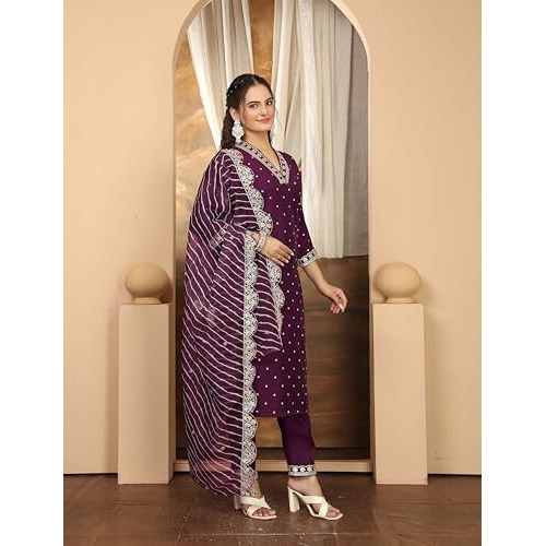 Yashika Women's Regular Silk Blend Table Kurta Pant Set with Mal Cotton Digital Print Dupatta and Embroidery Work Suitable for Every Indian Occasion (AZ-YS-OG-KS2178-Parent_Purple