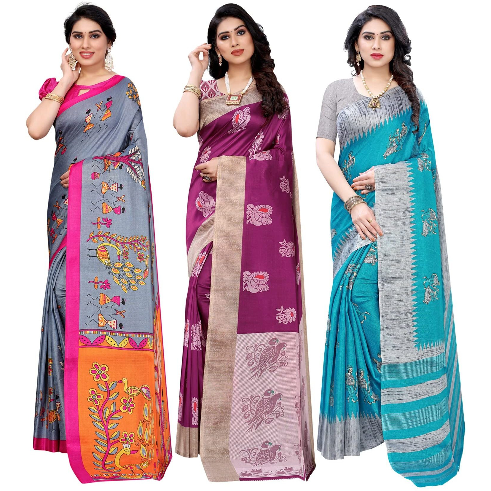 Yashika Women's Combo Art Silk Saree with Blouse Piece-Pack of 3(DANDIYA Grey-Kesar Wine-NAURTA Blue-Copy) Multicolor-05