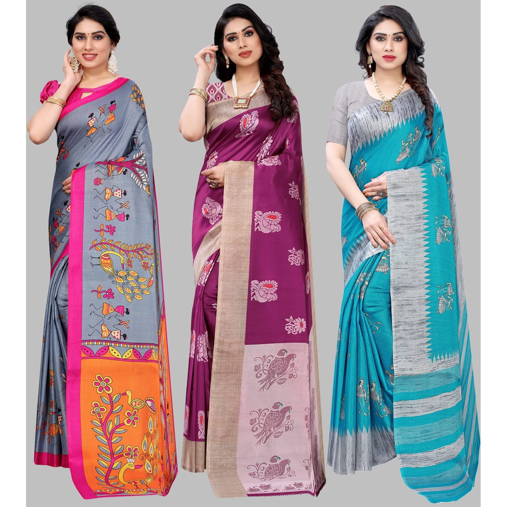Yashika Women's Combo Art Silk Saree with Blouse Piece-Pack of 3(DANDIYA Grey-Kesar Wine-NAURTA Blue-Copy) Multicolor-05