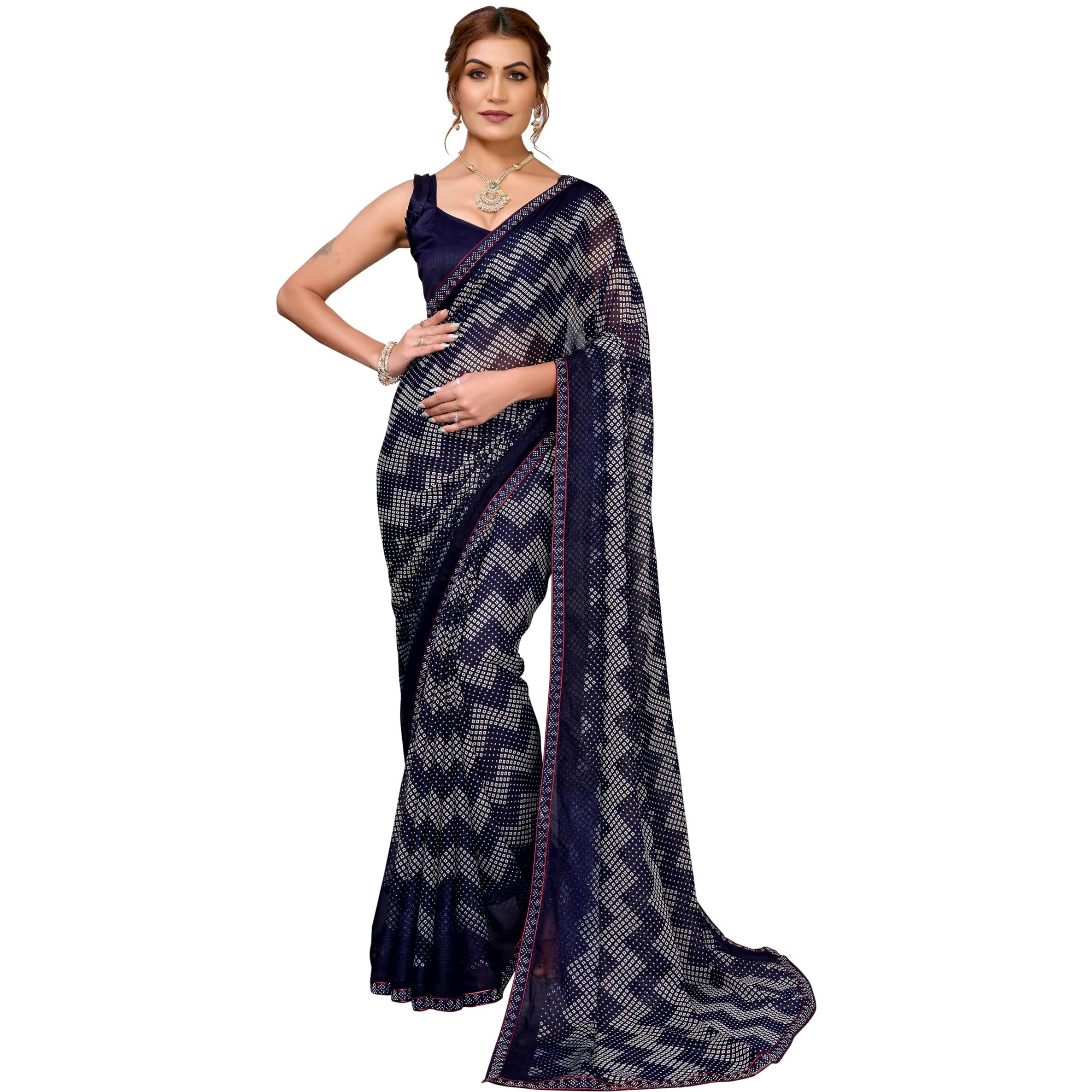 Yashika Women's Woven Latest Georgette and Hot Fix Lace Saree with Unstitched Blouse Material (AZ-YS-P1-BANDANA-Parent-NEW_Navy)