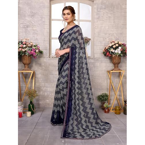 Yashika Women's Woven Latest Georgette and Hot Fix Lace Saree with Unstitched Blouse Material (AZ-YS-P1-BANDANA-Parent-NEW_Navy)