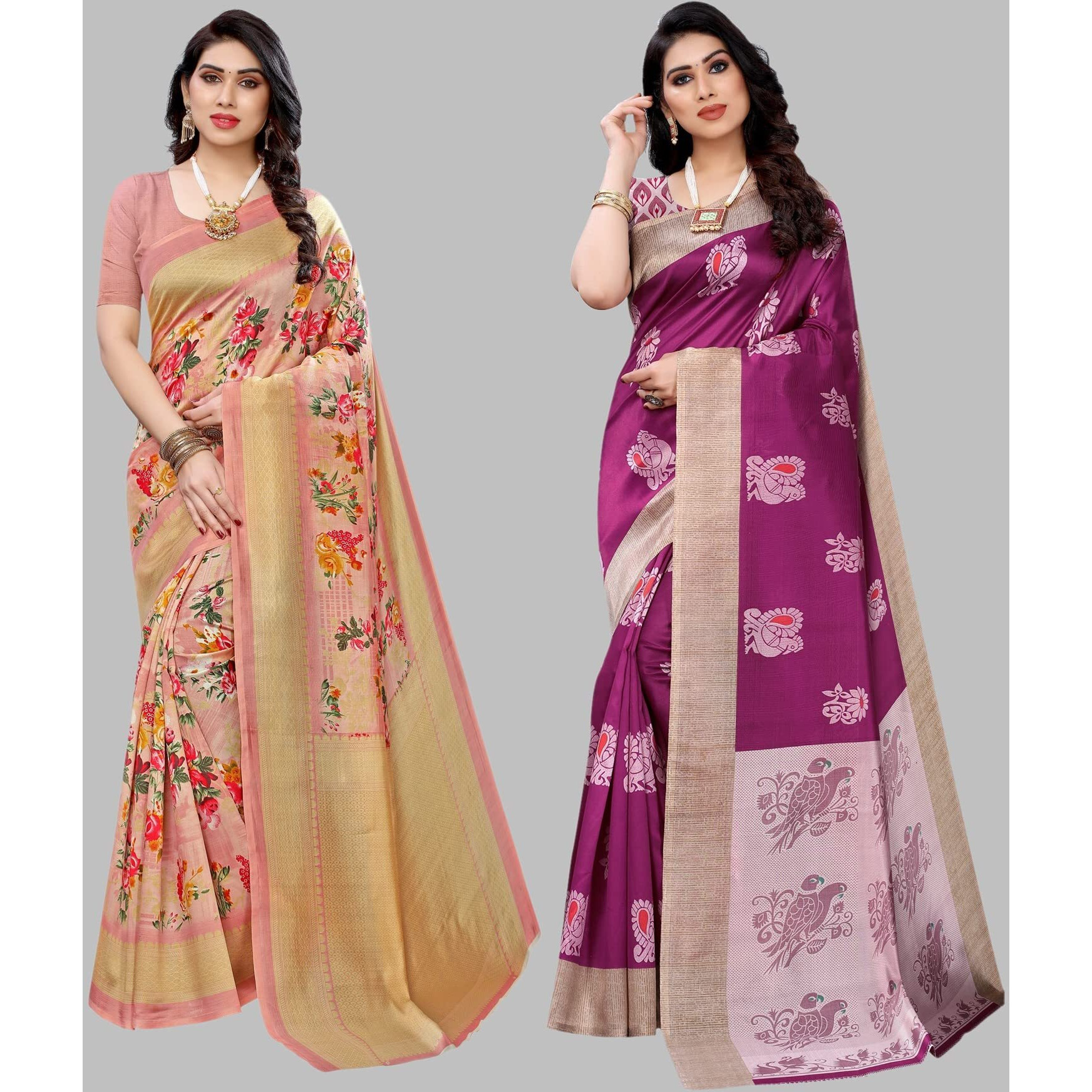 Yashika Women's Combo Art Silk Printed Saree With Blouse Piece Pack Of 2(AIR PEACH-KESAR WINE)