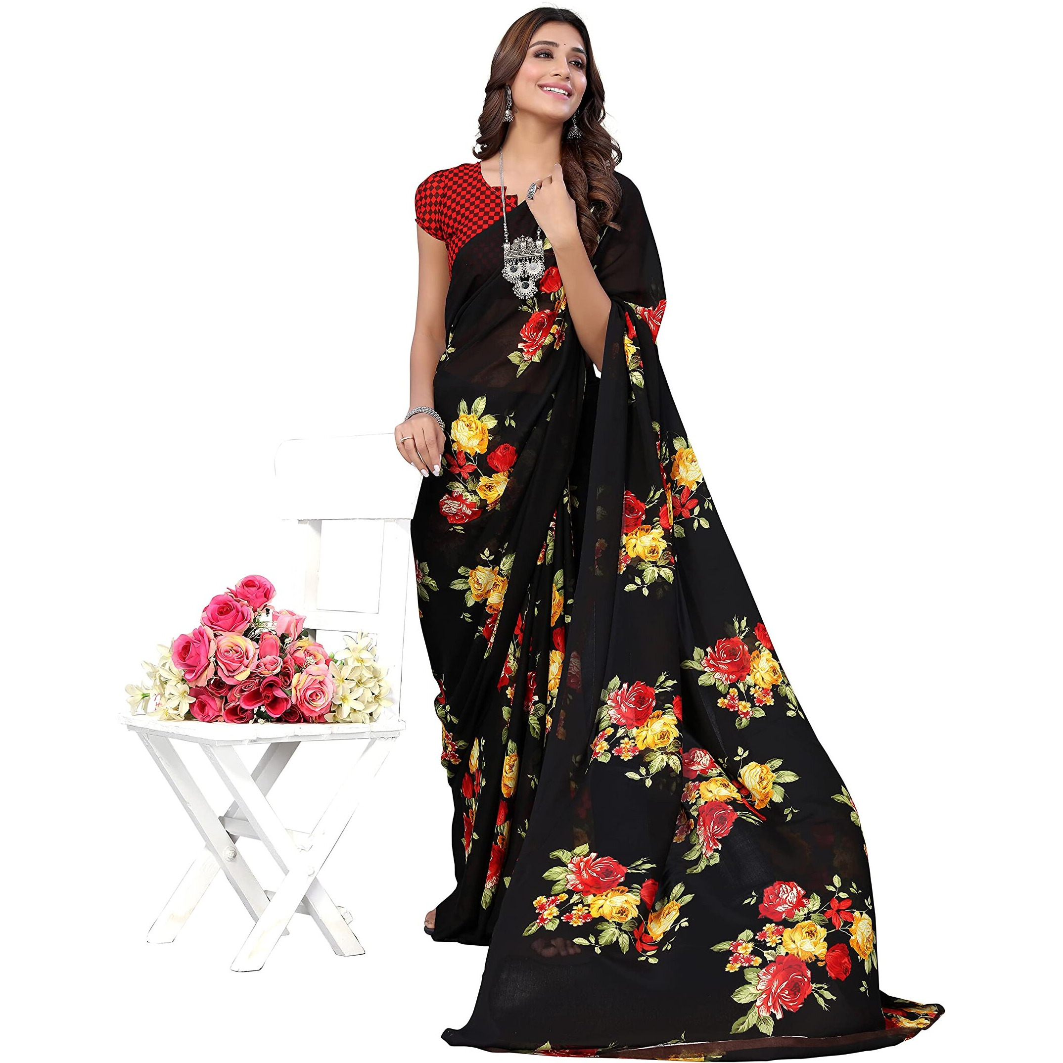 Yashika Women's Jacquard Georgette Standard Length (APEXA Black_Y