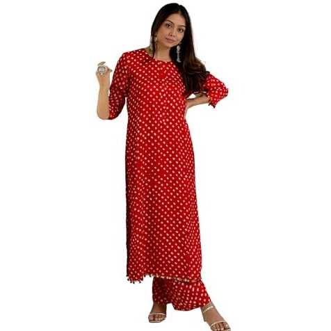 Yashika Women's Regular Cotton Blend Bandhej Printed Bandhani Kurta Palazzo Set with Sequence Lace (AZ-YS-OG-KS2201-Parent_Red