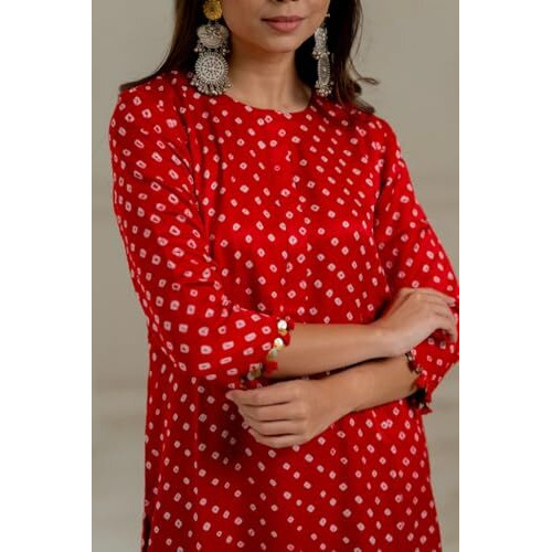 Yashika Women's Regular Cotton Blend Bandhej Printed Bandhani Kurta Palazzo Set with Sequence Lace (AZ-YS-OG-KS2201-Parent_Red