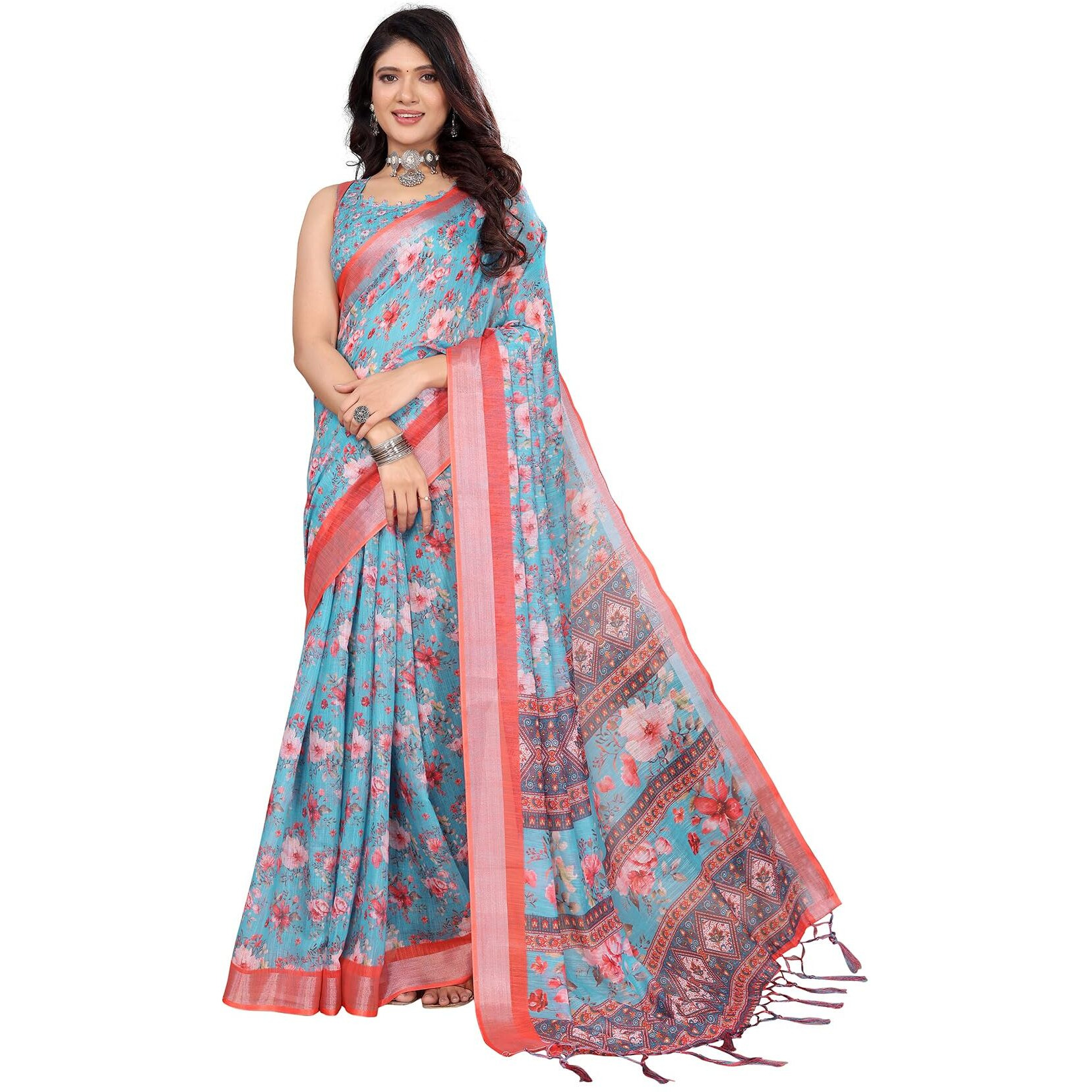Yashika Women's Digital Print Cotton Silk Blend Saree with Silver Weaving Border and Tassels - Elegant Ethnic Wear for Festive and Casual Occasions (AZ-YS-P1-TIGER18)