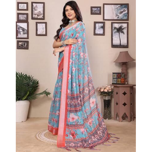 Yashika Women's Digital Print Cotton Silk Blend Saree with Silver Weaving Border and Tassels - Elegant Ethnic Wear for Festive and Casual Occasions (AZ-YS-P1-TIGER18)
