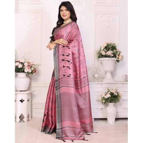 Yashika Women's Art Silk Printed Saree With Blouse Material |saree for Women | Kalamkari Saree | New Sari | Latest Saree (AZ-YS-P3-NASIMA PINK JHALAR)