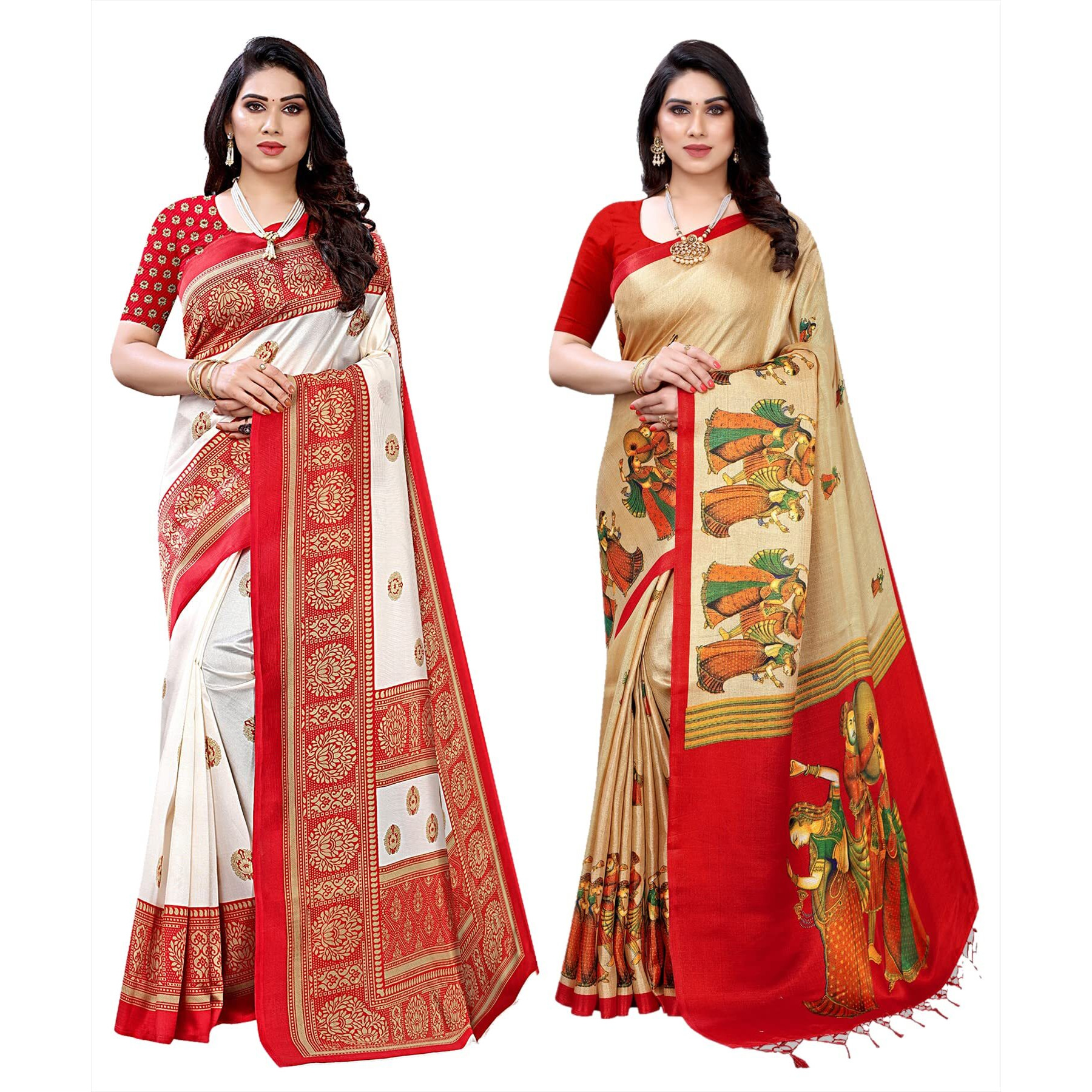 Yashika Women's Combo Art Silk Printed Saree With Blouse Piece Pack Of 2(AAMRAPALI RED-RAJARANI CHICKU)