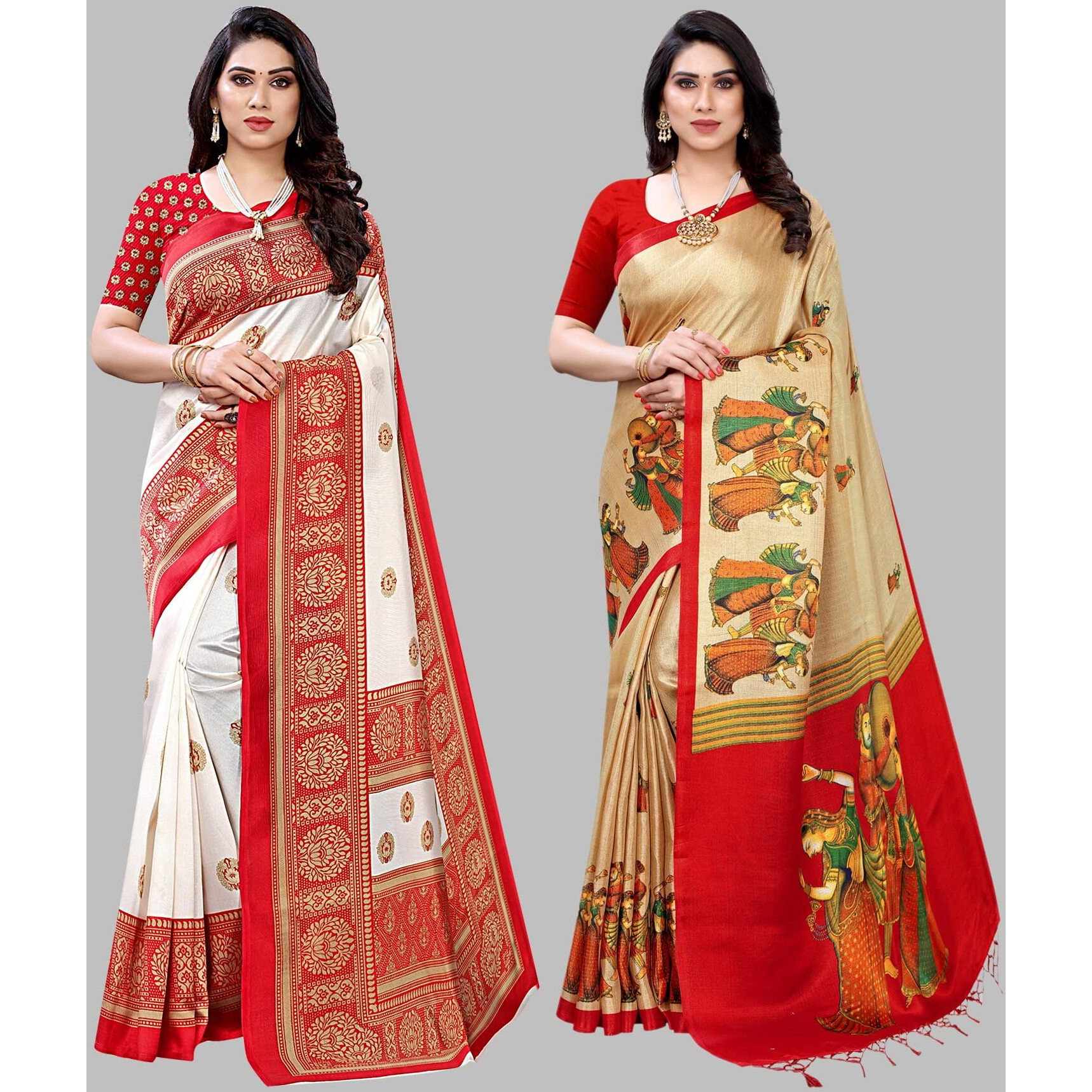 Yashika Women's Combo Art Silk Printed Saree With Blouse Piece Pack Of 2(AAMRAPALI RED-RAJARANI CHICKU)