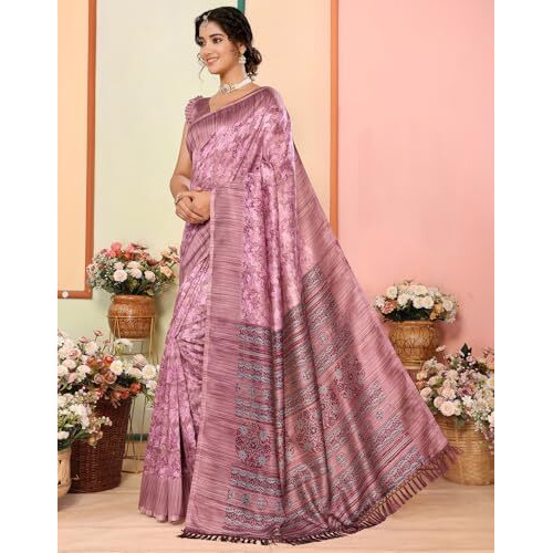 Yashika Women's Art Silk Printed with Tassels Unstitched Blouse Material Stylish Party Casual Wear Traditional Trendy Saree (AZ-YS-P2-DURVI-Parent_Purple)