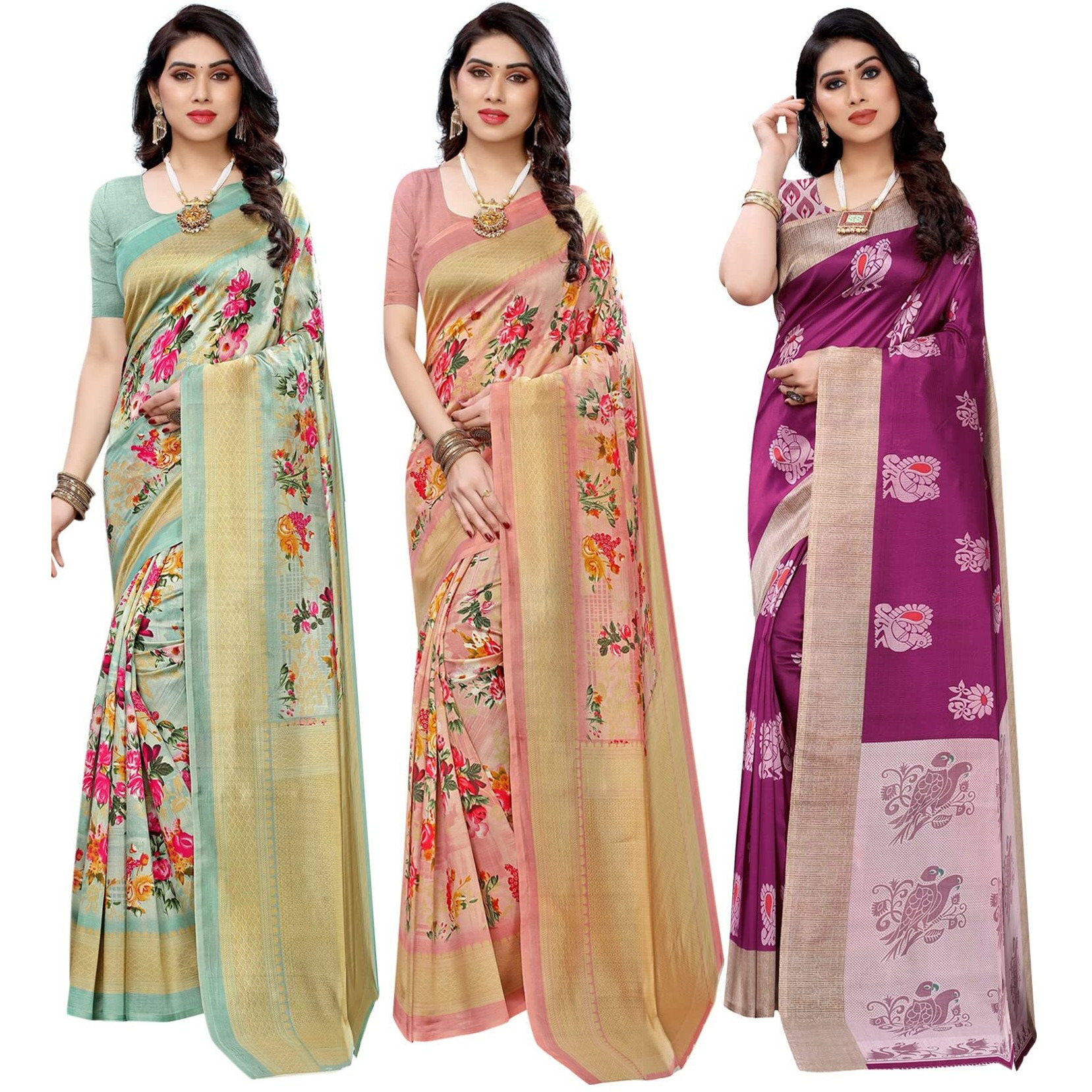 Yashika Women's Combo Art Silk Saree with Blouse Piece-Pack of 3 Light Green-AIR Peach-Kesar Wine Multicolor-02