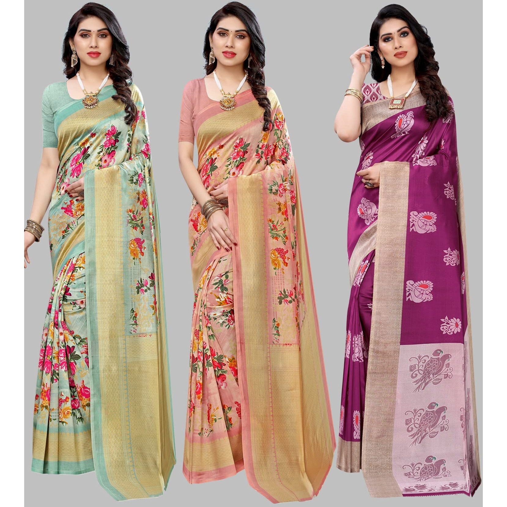 Yashika Women's Combo Art Silk Saree with Blouse Piece-Pack of 3 Light Green-AIR Peach-Kesar Wine Multicolor-02