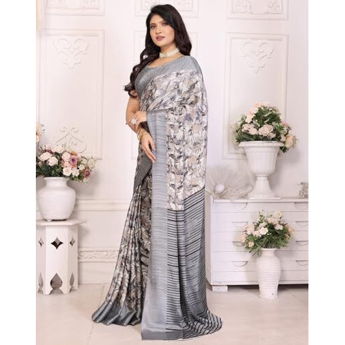 Yashika Women's Tussar Silk Printed Saree With Blouse Material |saree for Women | saree collection 2025 | New Sari | Latest Saree (AZ-YS-P1-SULEKHA GREY)