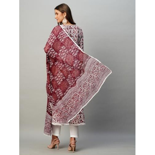 ANNI DESIGNER Women's Rayon Blend Anarkali Printed Kurta with Pant & Dupatta (Yutika Wine-NW_L_Wine_Large)