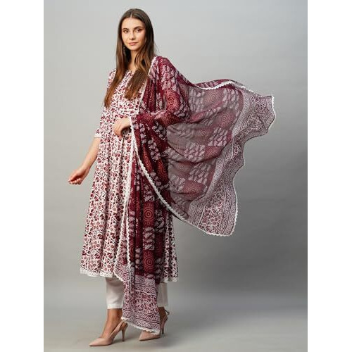 ANNI DESIGNER Women's Rayon Blend Anarkali Printed Kurta with Pant & Dupatta (Yutika Wine-NW_L_Wine_Large)