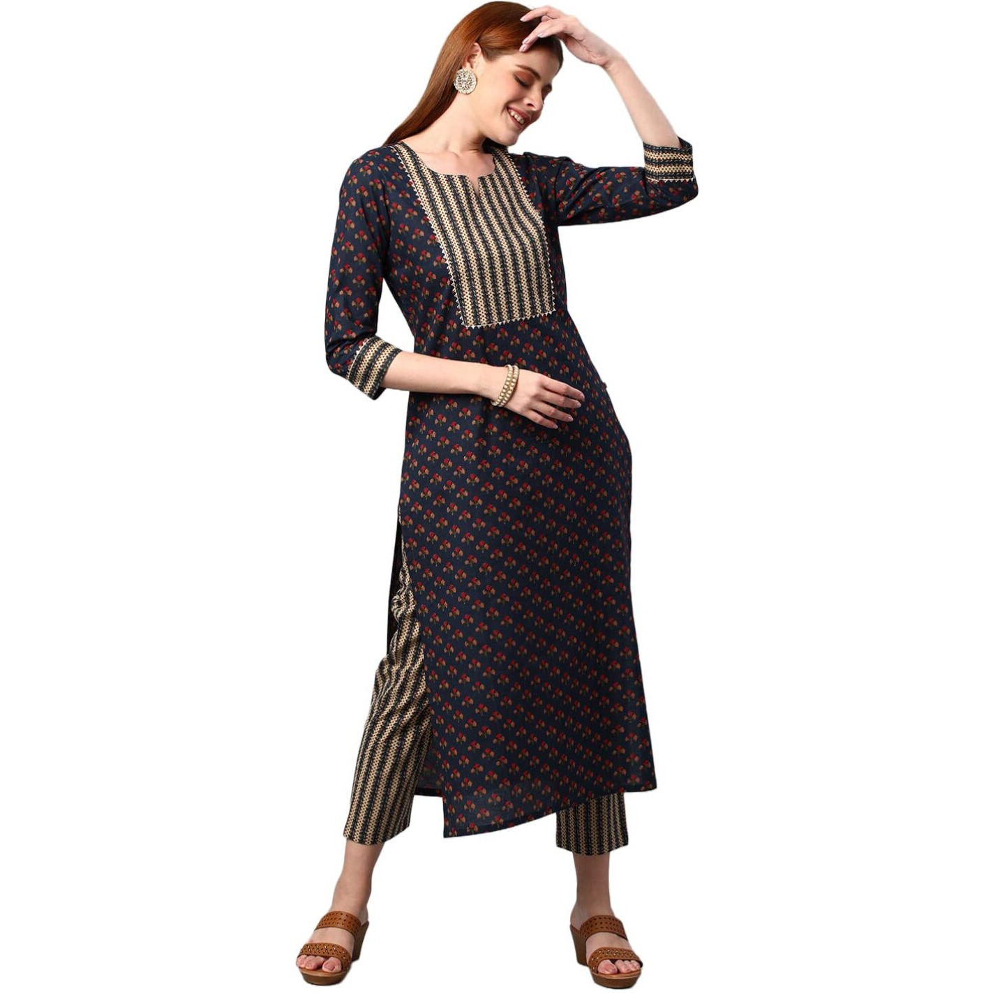 ANNI DESIGNER Women's Cotton Blend Printed Straight Kurta with Pant (Satku Blue_XXL_Blue_XX-Large)