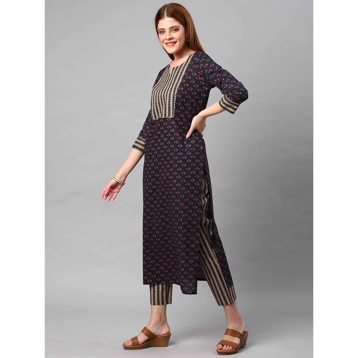 ANNI DESIGNER Women's Cotton Blend Printed Straight Kurta with Pant (Satku Blue_XXL_Blue_XX-Large)
