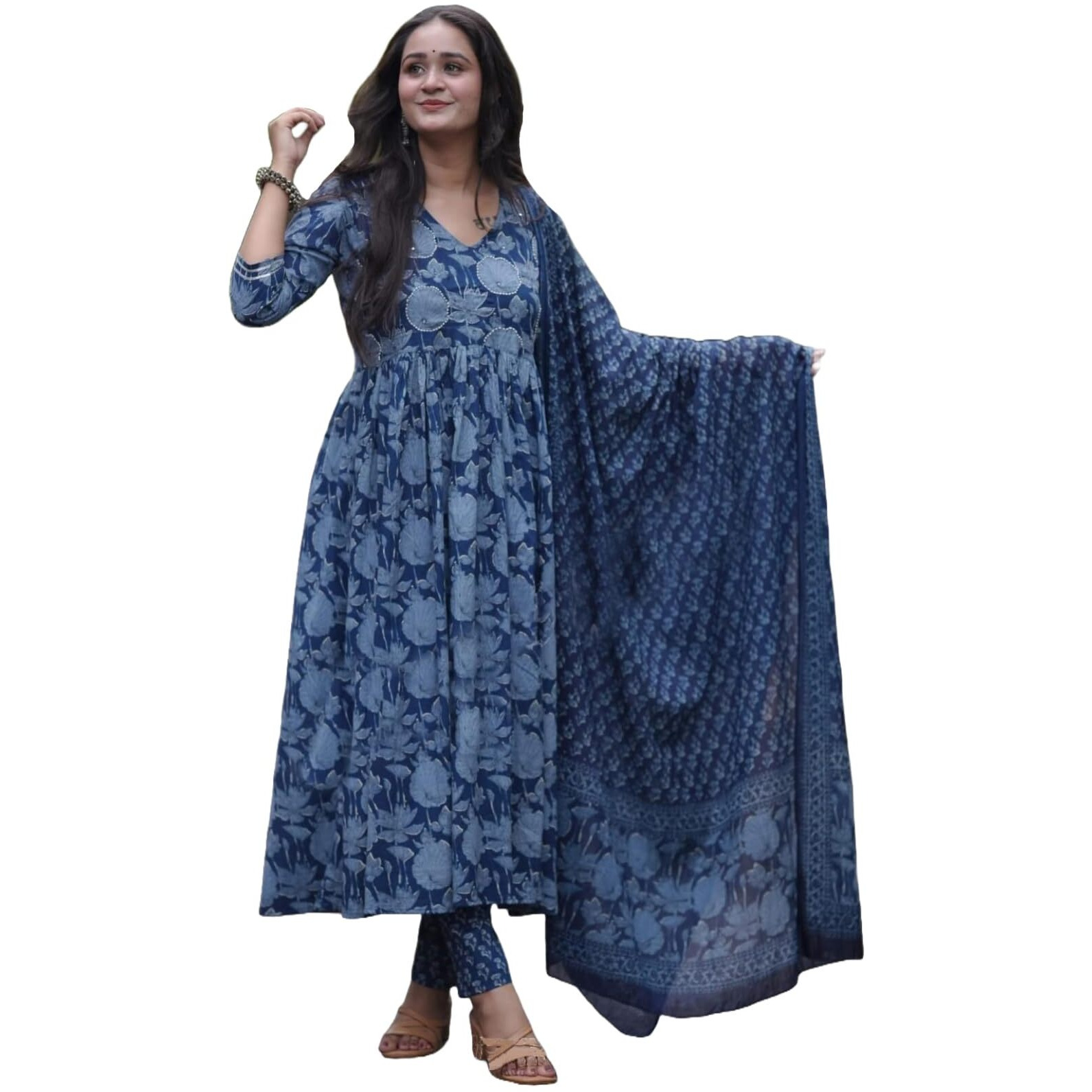 ANNI DESIGNER Women's Rayon Blend Anarkali Printed Kurta with Pant & Dupatta (Tithi Blue_S_Blue_Small)