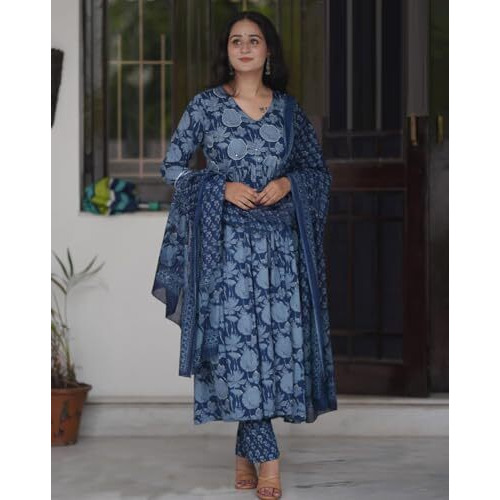 ANNI DESIGNER Women's Rayon Blend Anarkali Printed Kurta with Pant & Dupatta (Tithi Blue_S_Blue_Small)