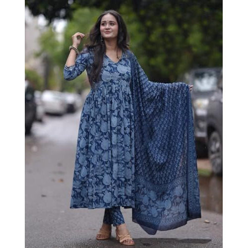 ANNI DESIGNER Women's Rayon Blend Anarkali Printed Kurta with Pant & Dupatta (Tithi Blue_S_Blue_Small)