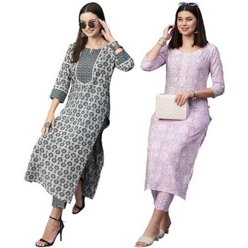 ANNI DESIGNER Women's Calf Length Printed Straight Kurta with Pant Pack of 2 (Combo-Sachi-Mukh_Multicolor_Small)