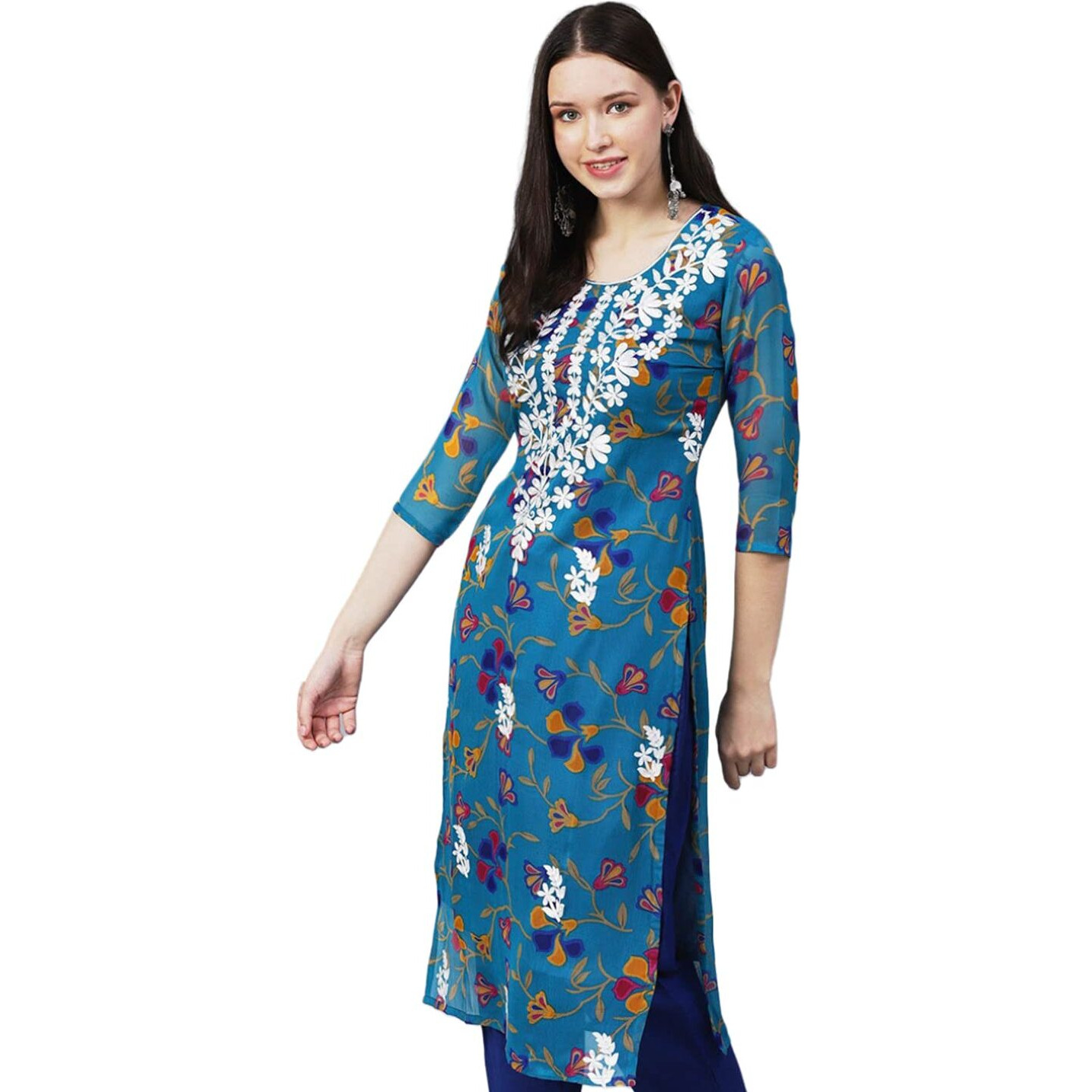ANNI DESIGNER Women's Printed Georgette Chikankari Embroidered Kurti (Gori-Cerosin_S_Dark Blue_Small)