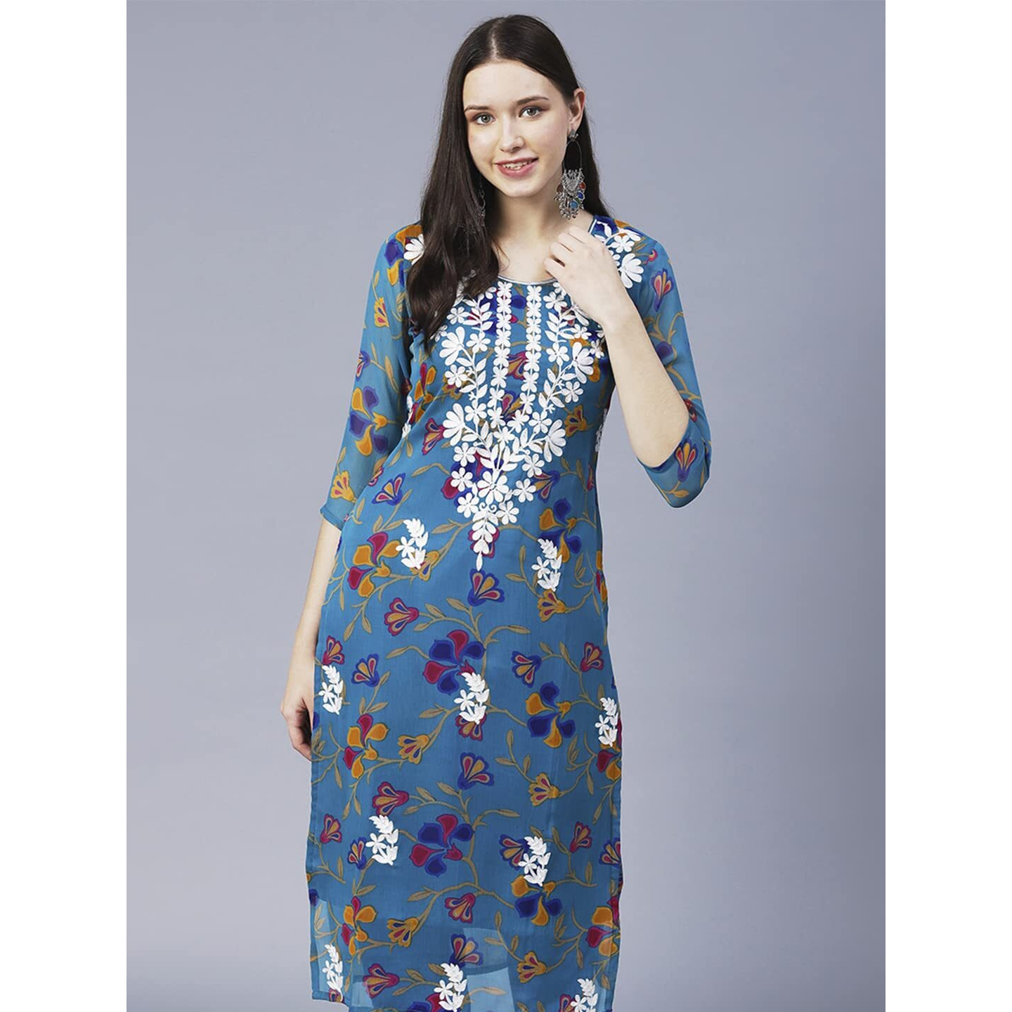 ANNI DESIGNER Women's Printed Georgette Chikankari Embroidered Kurti (Gori-Cerosin_S_Dark Blue_Small)