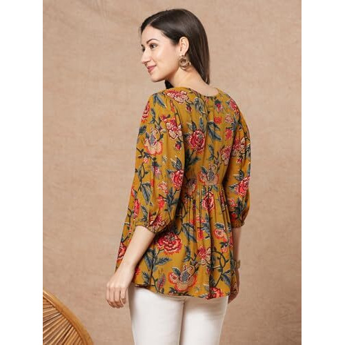 ANNI DESIGNER Women's Tunics Tops Rayon Viscose Printed Short Top for Women (Silvi Yellow_XXL_Yellow_XX-Large)