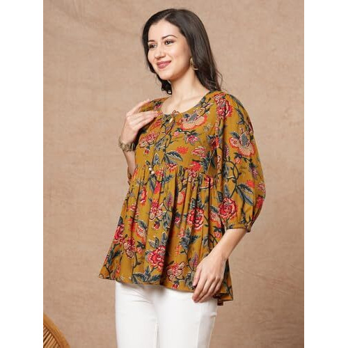 ANNI DESIGNER Women's Tunics Tops Rayon Viscose Printed Short Top for Women (Silvi Yellow_XXL_Yellow_XX-Large)