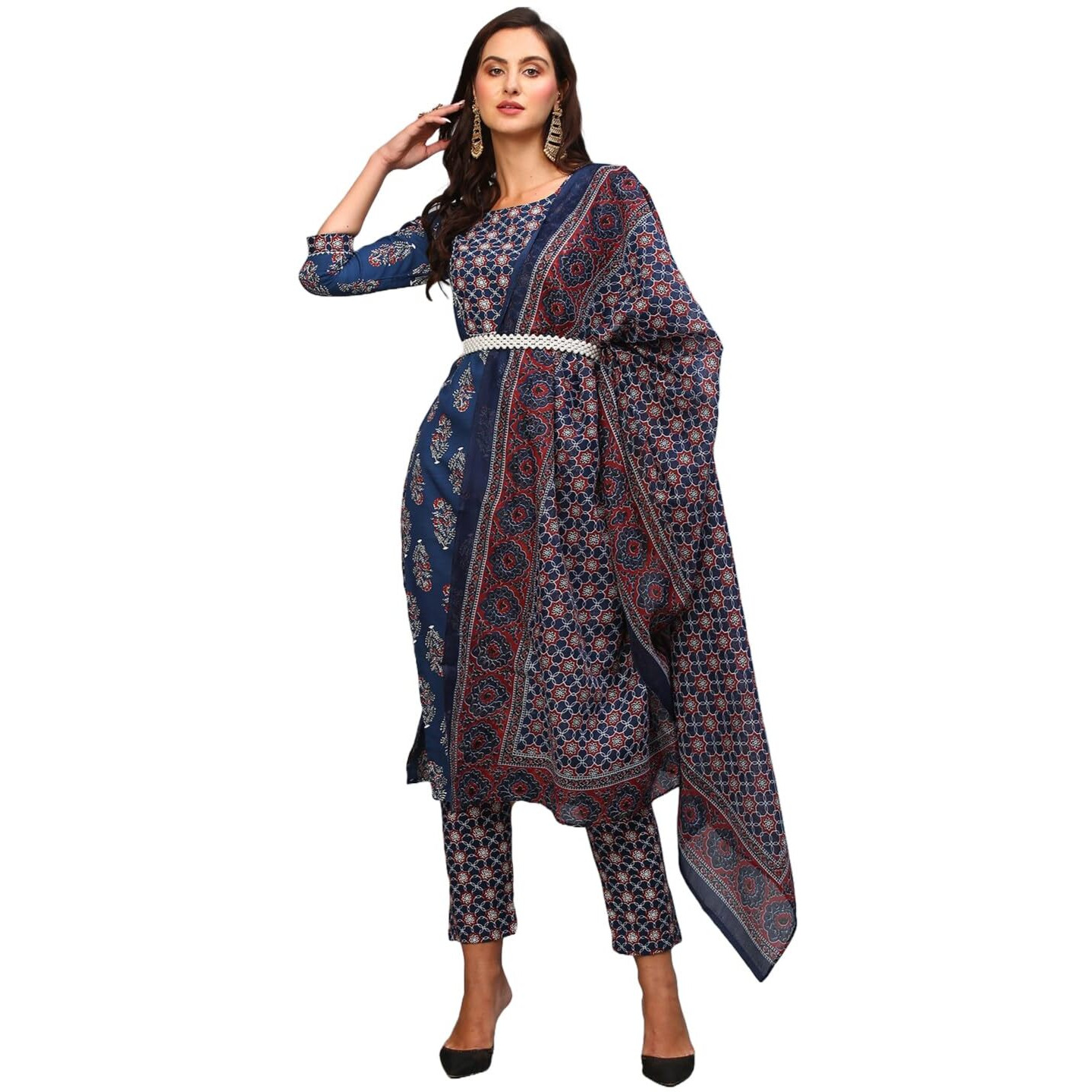ANNI DESIGNER Women's Cotton Blend Straight Printed Kurta with Pant & Dupatta (Patni Blue_S_Blue_Small)