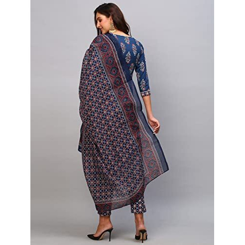 ANNI DESIGNER Women's Cotton Blend Straight Printed Kurta with Pant & Dupatta (Patni Blue_S_Blue_Small)