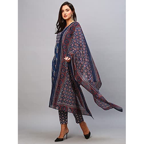 ANNI DESIGNER Women's Cotton Blend Straight Printed Kurta with Pant & Dupatta (Patni Blue_S_Blue_Small)