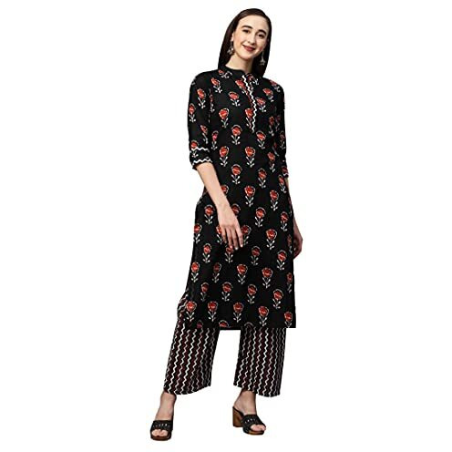 ANNI DESIGNER Women's Cotton Straight Kurta with Palazzo (KUR105_M_Pink_Medium)