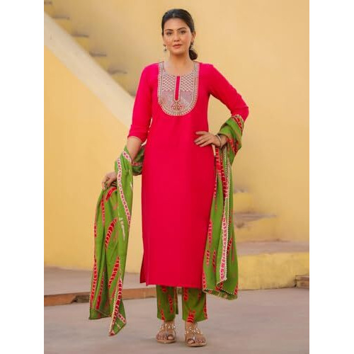 ANNI DESIGNER Women's Rayon Blend Embroidered Straight Kurta with Pant & Dupatta (Dhaya Pink_XXL_Pink_XX-Large)