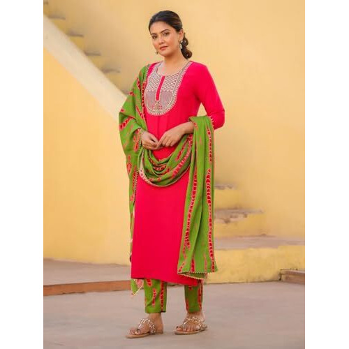 ANNI DESIGNER Women's Rayon Blend Embroidered Straight Kurta with Pant & Dupatta (Dhaya Pink_XXL_Pink_XX-Large)